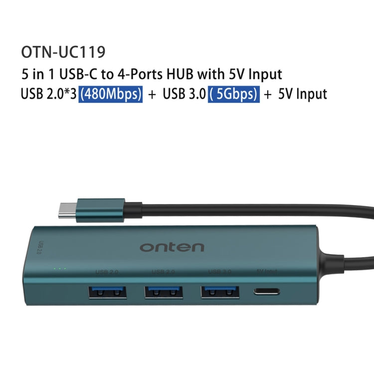 Onten UC119 5 in 1 USB-C / Type-C to USB 4-Ports USB HUB with 5V Input - USB HUB by Onten | Online Shopping South Africa | PMC Jewellery | Buy Now Pay Later Mobicred