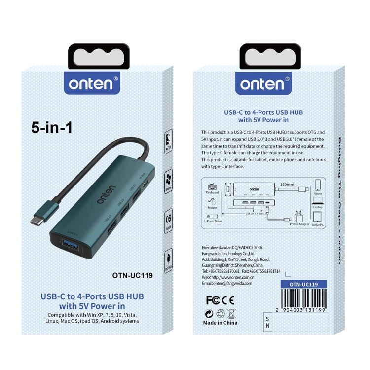 Onten UC119 5 in 1 USB-C / Type-C to USB 4-Ports USB HUB with 5V Input - USB HUB by Onten | Online Shopping South Africa | PMC Jewellery | Buy Now Pay Later Mobicred