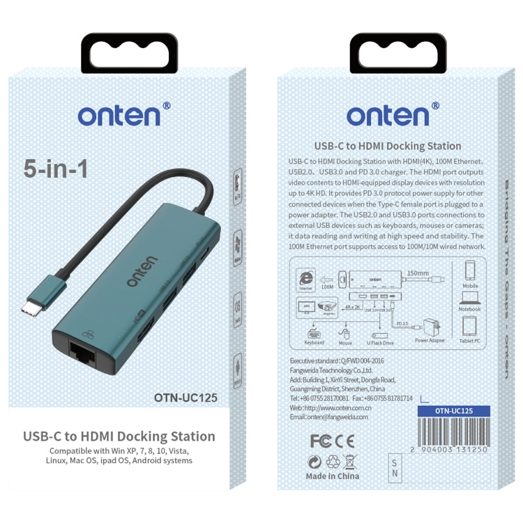 Onten UC125 5 in 1 USB-C / Type-C to HDMI+USB3.0+PD3.0 Multi-function HUB with 100Mbps Network Card - USB HUB by Onten | Online Shopping South Africa | PMC Jewellery | Buy Now Pay Later Mobicred