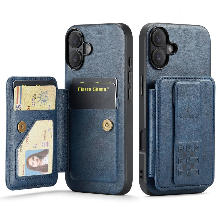 For iPhone 16 Plus Fierre Shann Oil Wax Cow Leather Card Holder Back Phone Case(Blue) - iPhone 16 Plus Cases by FIERRE SHANN | Online Shopping South Africa | PMC Jewellery | Buy Now Pay Later Mobicred