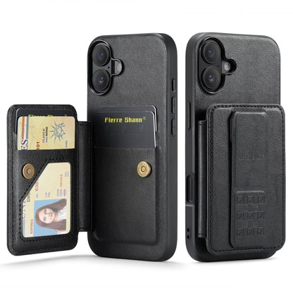 For iPhone 16 Fierre Shann Oil Wax Cow Leather Card Holder Back Phone Case(Black) - iPhone 16 Cases by FIERRE SHANN | Online Shopping South Africa | PMC Jewellery | Buy Now Pay Later Mobicred