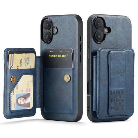 For iPhone 16 Fierre Shann Oil Wax Cow Leather Card Holder Back Phone Case(Blue) - iPhone 16 Cases by FIERRE SHANN | Online Shopping South Africa | PMC Jewellery | Buy Now Pay Later Mobicred