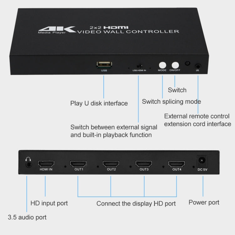 XP03 4K 2x2 HDMI Video Wall Controller Multi-screen Splicing Processor, Style:Playback Version(UK Plug) - Splitter by PMC Jewellery | Online Shopping South Africa | PMC Jewellery | Buy Now Pay Later Mobicred