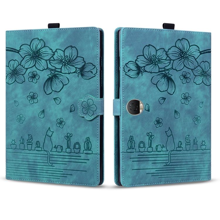 For Honor Pad 9 Cartoon Sakura Cat Embossed Leather Tablet Case(Green) - Honor by PMC TechLife | Online Shopping South Africa | PMC TechLife | Buy Now Pay Later Mobicred