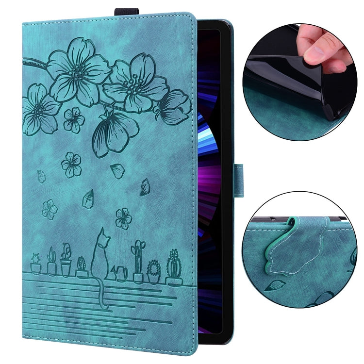 For Honor Pad 9 Cartoon Sakura Cat Embossed Leather Tablet Case(Green) - Honor by PMC TechLife | Online Shopping South Africa | PMC TechLife | Buy Now Pay Later Mobicred