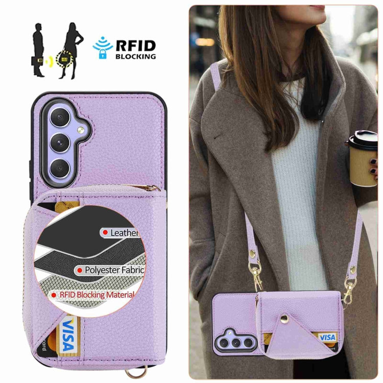 For Samsung Galaxy S24+ 5G Crossbody Zipper Card Bag RFID Anti-theft Phone Case(Purple) - Galaxy S24+ 5G Cases by PMC Jewellery | Online Shopping South Africa | PMC Jewellery | Buy Now Pay Later Mobicred