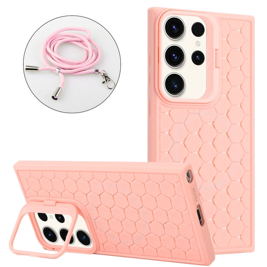 For Samsung Galaxy S23 Ultra 5G Honeycomb Radiating Lens Holder Magsafe Phone Case with Lanyard(Pink) - Galaxy S23 Ultra 5G Cases by PMC Jewellery | Online Shopping South Africa | PMC Jewellery