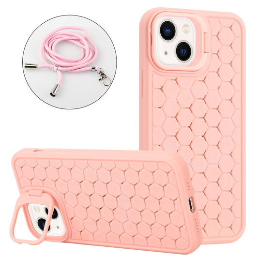 For iPhone 14 Honeycomb Radiating Lens Holder Magsafe Phone Case with Lanyard(Pink) - iPhone 14 Cases by PMC Jewellery | Online Shopping South Africa | PMC Jewellery