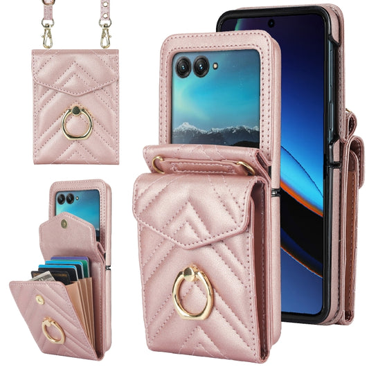 For Motorola Razr 40 Ultra / Razr 2023 V-shaped RFID Card Slot Phone Case with Ring Holder(Rose Gold) - Motorola Cases by PMC Jewellery | Online Shopping South Africa | PMC Jewellery | Buy Now Pay Later Mobicred