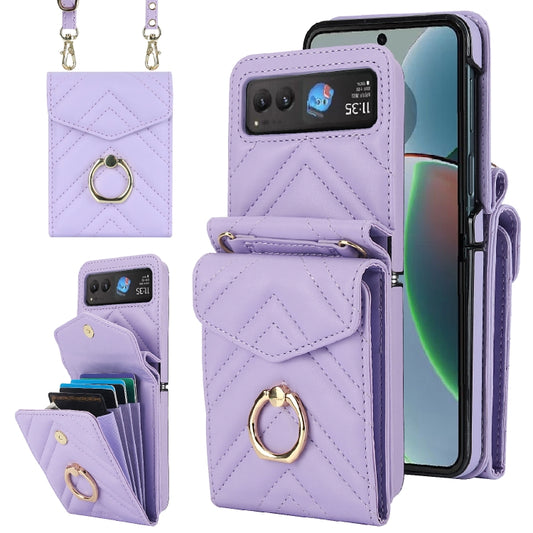 For Motorola Razr 40 V-shaped RFID Card Slot Phone Case with Ring Holder(Purple) - Motorola Cases by PMC Jewellery | Online Shopping South Africa | PMC Jewellery | Buy Now Pay Later Mobicred