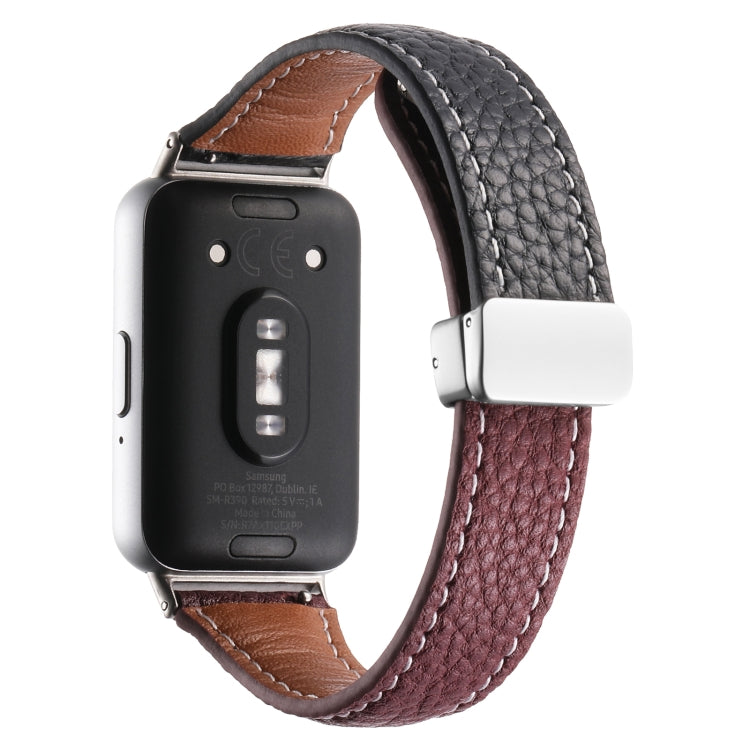 For Samsung Galaxy Fit 3 Litchi Texture Magnetic Buckle Slim Leather Watch Band(Black+Rose Gold) - Watch Bands by PMC Jewellery | Online Shopping South Africa | PMC Jewellery