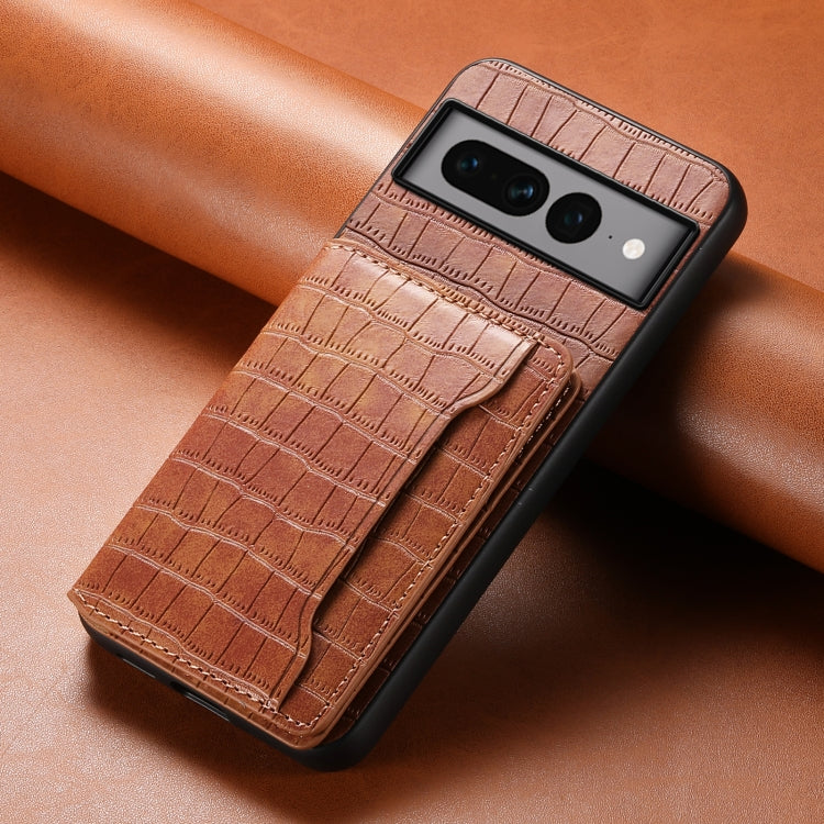 For Google Pixel 7 Pro 5G Crocodile Texture Card Bag Design Full Coverage Phone Case(Brown) - Google Cases by PMC TechLife | Online Shopping South Africa | PMC TechLife | Buy Now Pay Later Mobicred