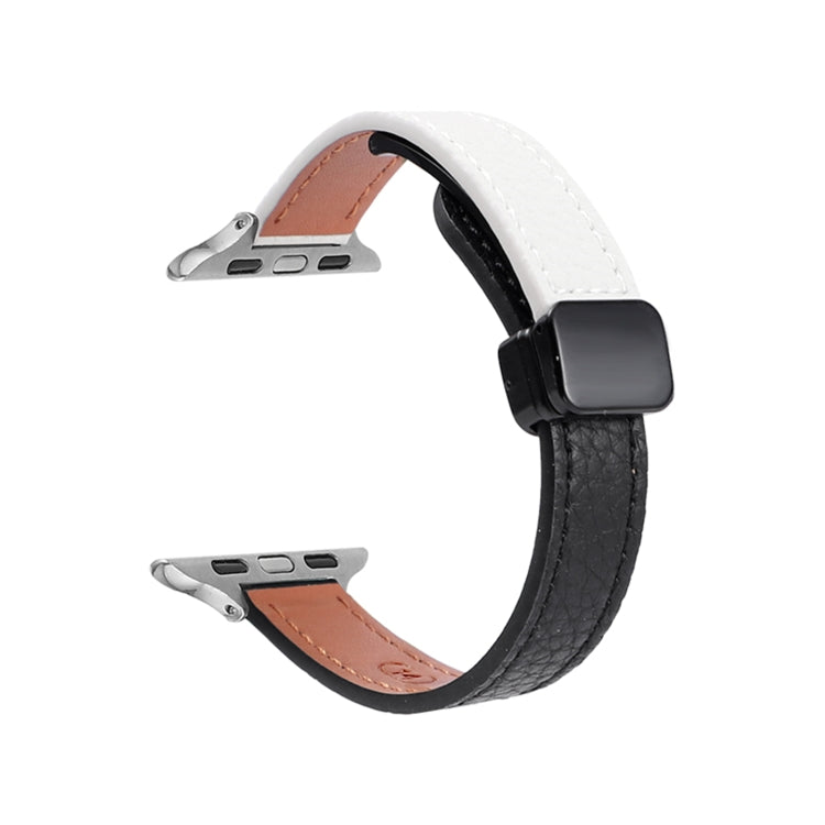 For Apple Watch SE 2023 40mm Slim Magnetic Buckle Genuine Leather Watch Band(Litchi Black Beige) - Watch Bands by PMC Jewellery | Online Shopping South Africa | PMC Jewellery