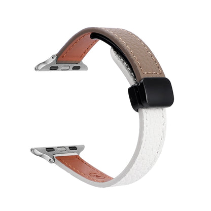 For Apple Watch SE 2023 40mm Slim Magnetic Buckle Genuine Leather Watch Band(Litchi Beige Coffee) - Watch Bands by PMC Jewellery | Online Shopping South Africa | PMC Jewellery