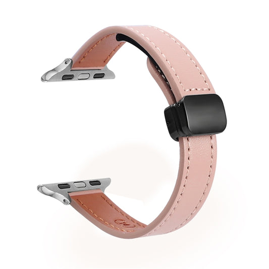 For Apple Watch Series 9 45mm Slim Magnetic Buckle Genuine Leather Watch Band(Plain Pink) - Watch Bands by PMC Jewellery | Online Shopping South Africa | PMC Jewellery