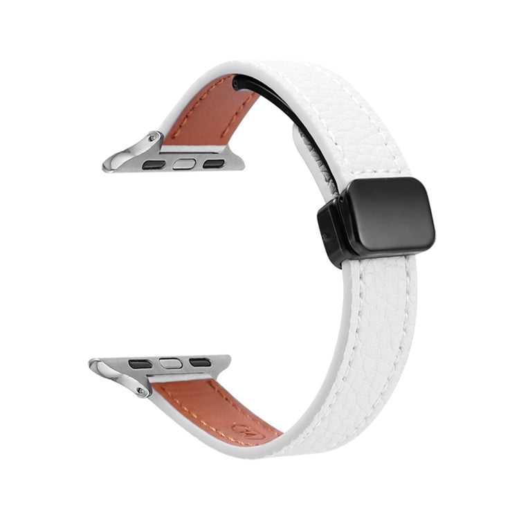 For Apple Watch Series 9 41mm Slim Magnetic Buckle Genuine Leather Watch Band(Litchi Beige) - Watch Bands by PMC Jewellery | Online Shopping South Africa | PMC Jewellery