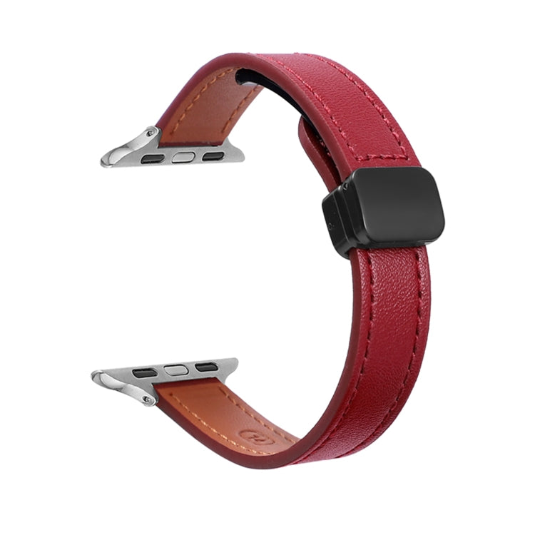 For Apple Watch Series 8 41mm Slim Magnetic Buckle Genuine Leather Watch Band(Plain Wine Red) - Watch Bands by PMC Jewellery | Online Shopping South Africa | PMC Jewellery