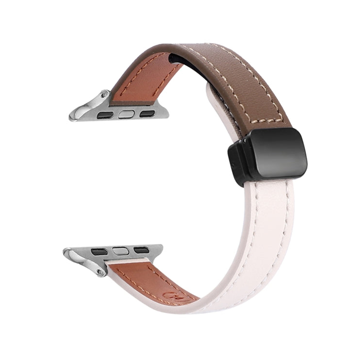 For Apple Watch Series 8 41mm Slim Magnetic Buckle Genuine Leather Watch Band(Plain Beige Coffee) - Watch Bands by PMC Jewellery | Online Shopping South Africa | PMC Jewellery