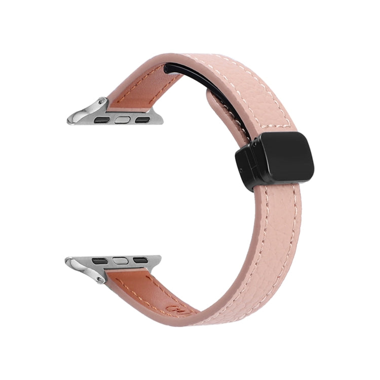 For Apple Watch Series 8 45mm Slim Magnetic Buckle Genuine Leather Watch Band(Litchi Pink) - Watch Bands by PMC Jewellery | Online Shopping South Africa | PMC Jewellery