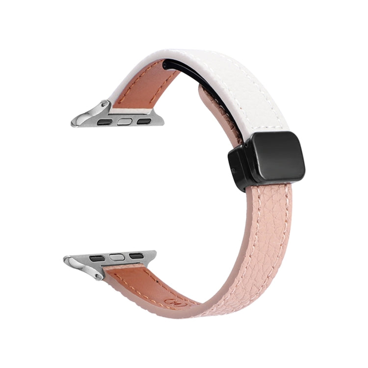 For Apple Watch SE 2022 40mm Slim Magnetic Buckle Genuine Leather Watch Band(Litchi Pink Beige) - Watch Bands by PMC Jewellery | Online Shopping South Africa | PMC Jewellery