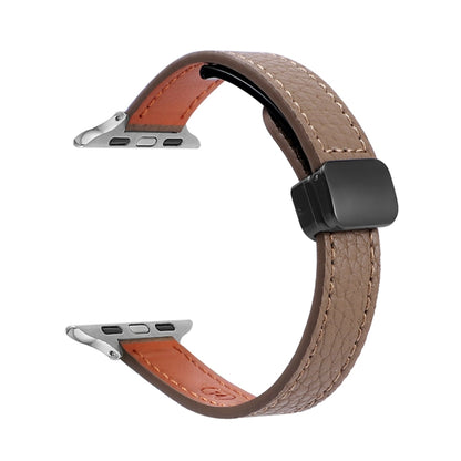 For Apple Watch SE 2022 44mm Slim Magnetic Buckle Genuine Leather Watch Band(Litchi Coffee) - Watch Bands by PMC Jewellery | Online Shopping South Africa | PMC Jewellery