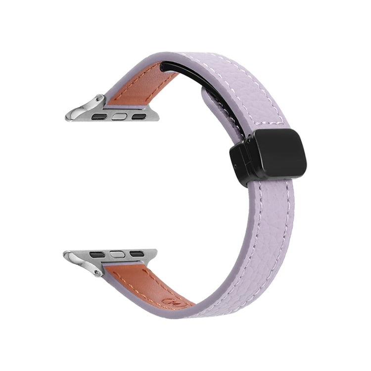 For Apple Watch Series 7 45mm Slim Magnetic Buckle Genuine Leather Watch Band(Litchi Lavender) - Watch Bands by PMC Jewellery | Online Shopping South Africa | PMC Jewellery