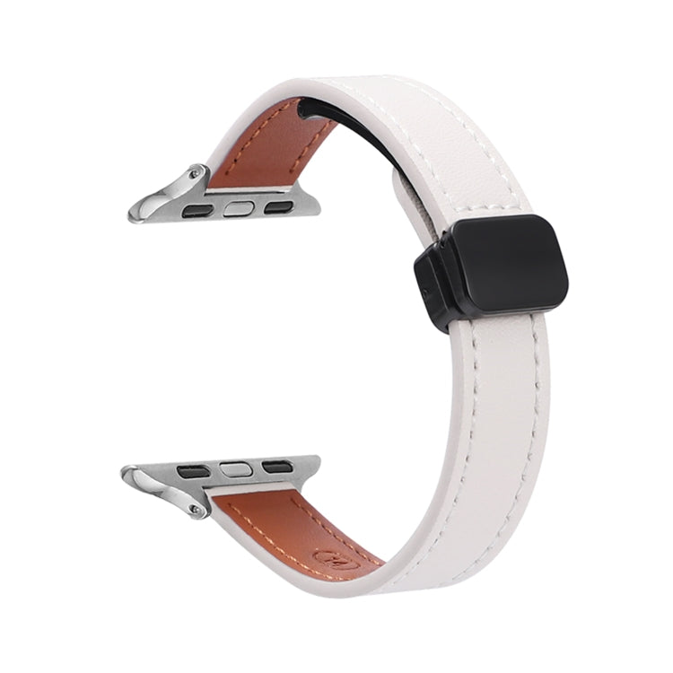 For Apple Watch SE 44mm Slim Magnetic Buckle Genuine Leather Watch Band(Plain Beige) - Watch Bands by PMC Jewellery | Online Shopping South Africa | PMC Jewellery