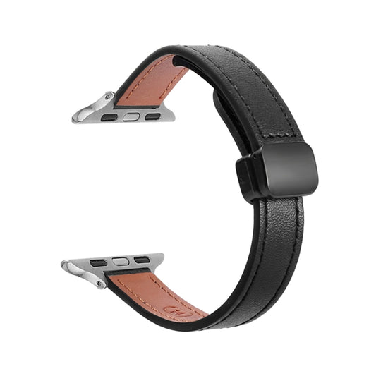 For Apple Watch Series 5 44mm Slim Magnetic Buckle Genuine Leather Watch Band(Plain Black) - Watch Bands by PMC Jewellery | Online Shopping South Africa | PMC Jewellery