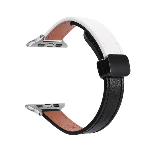 For Apple Watch 42mm Slim Magnetic Buckle Genuine Leather Watch Band(Plain Black Beige) - Watch Bands by PMC Jewellery | Online Shopping South Africa | PMC Jewellery