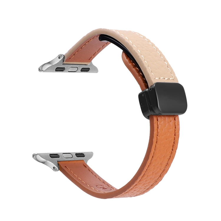 For Apple Watch 42mm Slim Magnetic Buckle Genuine Leather Watch Band(Litchi Orange Apricot) - Watch Bands by PMC Jewellery | Online Shopping South Africa | PMC Jewellery