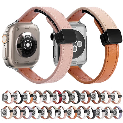 For Apple Watch 38mm Slim Magnetic Buckle Genuine Leather Watch Band(Plain Pink) - Watch Bands by PMC Jewellery | Online Shopping South Africa | PMC Jewellery