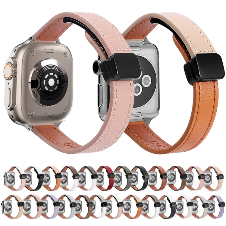 For Apple Watch SE 2023 40mm Slim Magnetic Buckle Genuine Leather Watch Band(Litchi Pink Beige) - Watch Bands by PMC Jewellery | Online Shopping South Africa | PMC Jewellery