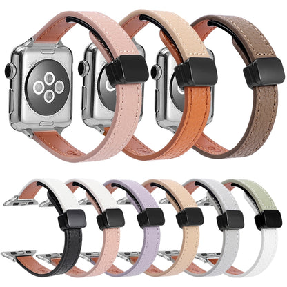 For Apple Watch Series 3 42mm Slim Magnetic Buckle Genuine Leather Watch Band(Plain Pink) - Watch Bands by PMC Jewellery | Online Shopping South Africa | PMC Jewellery