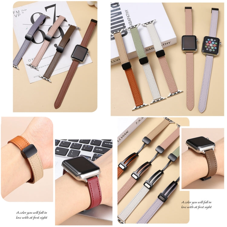 For Apple Watch Series 2 42mm Slim Magnetic Buckle Genuine Leather Watch Band(Litchi Pink Beige) - Watch Bands by PMC Jewellery | Online Shopping South Africa | PMC Jewellery