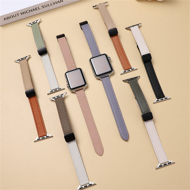 For Apple Watch Series 9 45mm Slim Magnetic Buckle Genuine Leather Watch Band(Plain Beige) - Watch Bands by PMC Jewellery | Online Shopping South Africa | PMC Jewellery