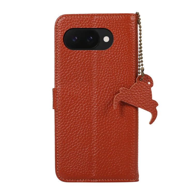 For Google Pixel 9a Genuine Leather Litchi Texture RFID Leather Phone Case(Coffee) - Google Cases by PMC TechLife | Online Shopping South Africa | PMC TechLife | Buy Now Pay Later Mobicred