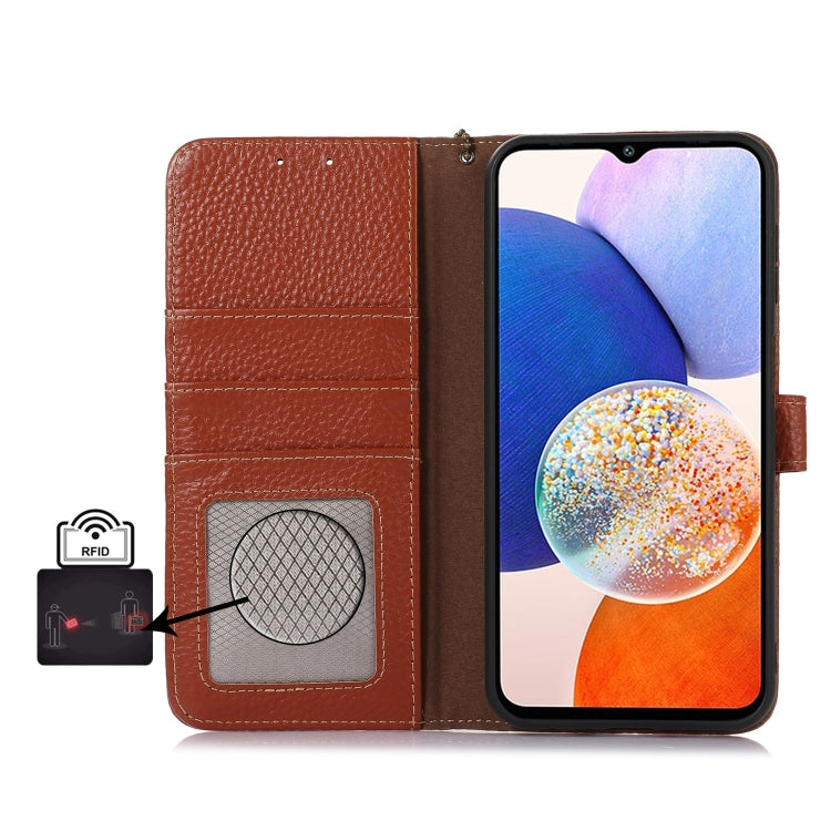 For Google Pixel 9a Genuine Leather Litchi Texture RFID Leather Phone Case(Coffee) - Google Cases by PMC TechLife | Online Shopping South Africa | PMC TechLife | Buy Now Pay Later Mobicred
