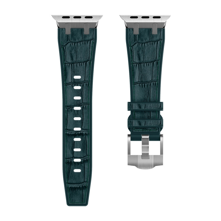 For Apple Watch Series 9 45mm Crocodile Texture Liquid Silicone Watch Band(Silver Deep Green) - Watch Bands by PMC Jewellery | Online Shopping South Africa | PMC Jewellery