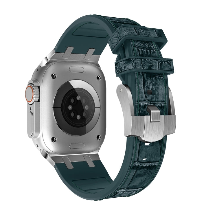 For Apple Watch Series 9 45mm Crocodile Texture Liquid Silicone Watch Band(Silver Deep Green) - Watch Bands by PMC TechLife | Online Shopping South Africa | PMC TechLife