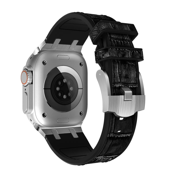 For Apple Watch Series 8 45mm Crocodile Texture Liquid Silicone Watch Band(Silver Black) - Watch Bands by PMC TechLife | Online Shopping South Africa | PMC TechLife