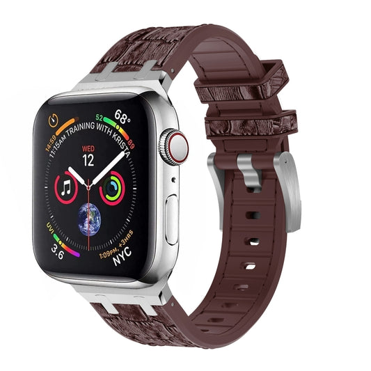 For Apple Watch SE 44mm Crocodile Texture Liquid Silicone Watch Band(Silver Dark Brown) - Watch Bands by PMC Jewellery | Online Shopping South Africa | PMC Jewellery