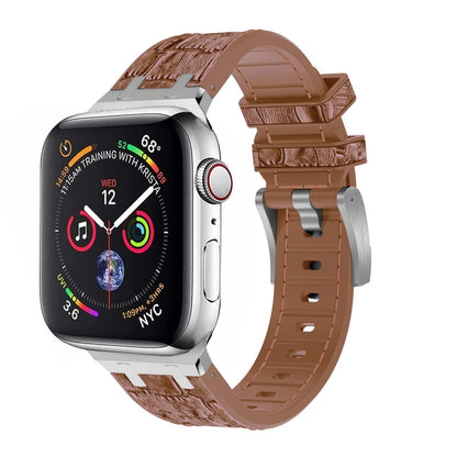 For Apple Watch Series 6 44mm Crocodile Texture Liquid Silicone Watch Band(Silver Yellow Brown) - Watch Bands by PMC Jewellery | Online Shopping South Africa | PMC Jewellery