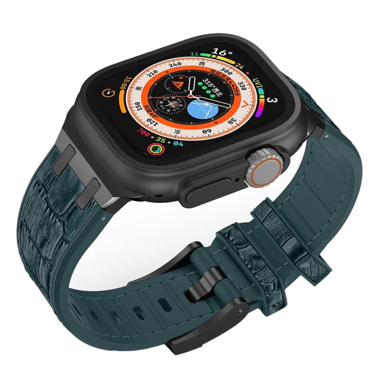 For Apple Watch 42mm Crocodile Texture Liquid Silicone Watch Band(Black Deep Green) - Watch Bands by PMC TechLife | Online Shopping South Africa | PMC TechLife