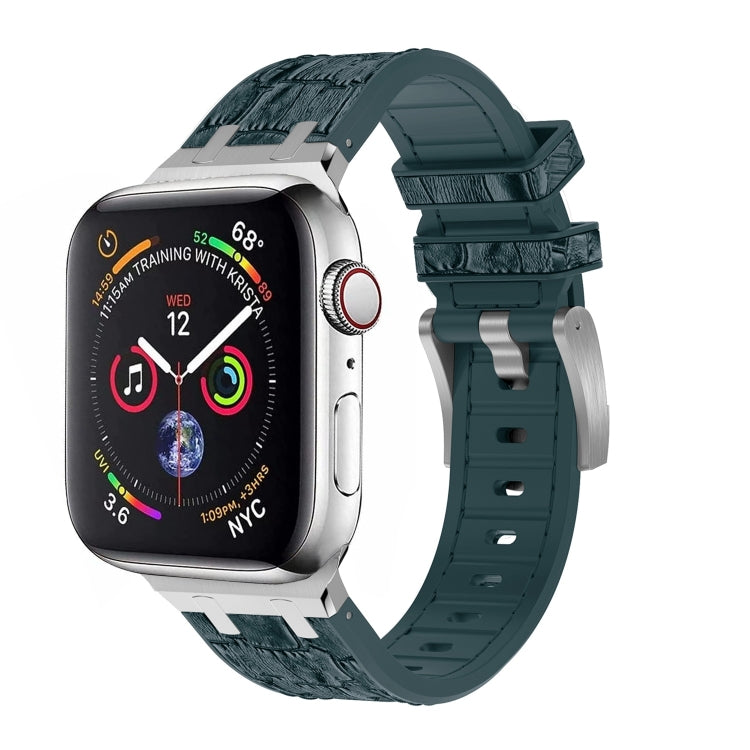 For Apple Watch 38mm Crocodile Texture Liquid Silicone Watch Band(Silver Deep Green) - Watch Bands by PMC TechLife | Online Shopping South Africa | PMC TechLife