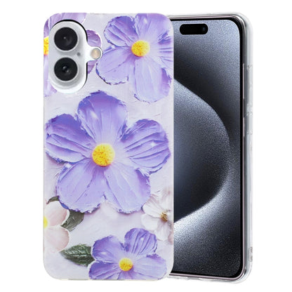 For iPhone 16 Colorful Painting Pattern TPU Phone Case(Purple Flowers) - iPhone 16 Cases by PMC Jewellery | Online Shopping South Africa | PMC Jewellery | Buy Now Pay Later Mobicred