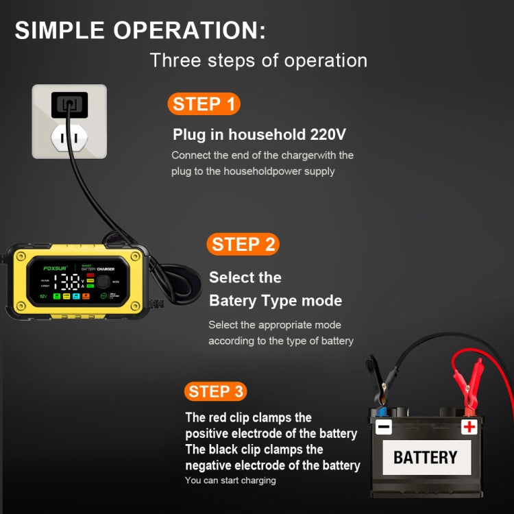 FOXSUR 7A 12V Car / Motorcycle Smart Battery Charger, Plug Type:EU Plug(Yellow) - free shipping - PMC TechLife - Order now!