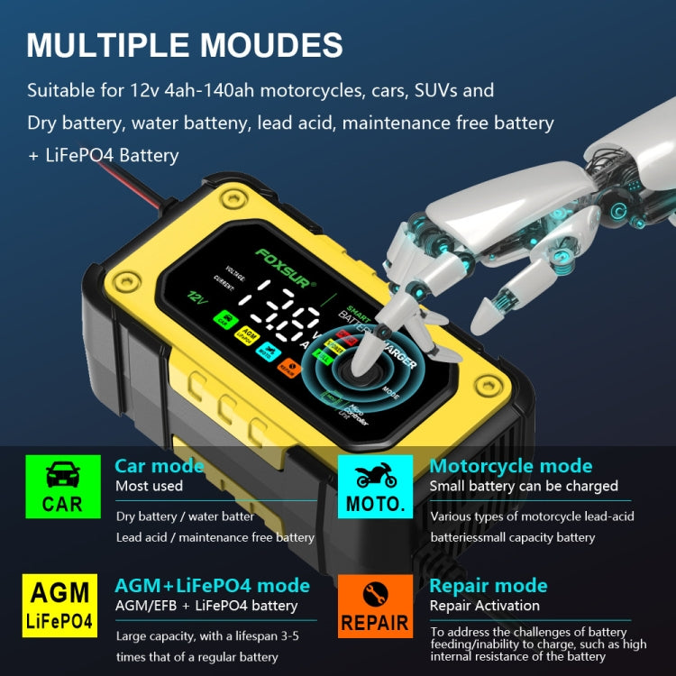 FOXSUR 7A 12V Car / Motorcycle Smart Battery Charger, Plug Type:UK Plug(Yellow) - Battery Charger by FOXSUR | Online Shopping South Africa | PMC Jewellery | Buy Now Pay Later Mobicred