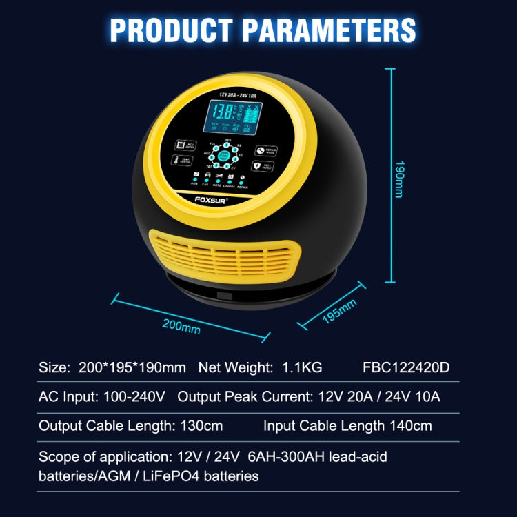 FOXSUR 20A 12V 24V Car / Motorcycle Smart Battery Charger, Plug Type:US Plug(Yellow) - free shipping - PMC TechLife - Order now!