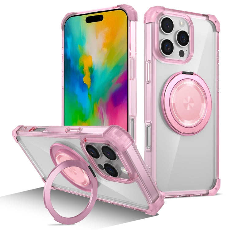 For iPhone 16 Pro Gold Shield CD Pattern MagSafe Magnetic Phone Case with Rotating Stand(Transparent Pink) - iPhone 16 Pro Cases by PMC Jewellery | Online Shopping South Africa | PMC Jewellery | Buy Now Pay Later Mobicred