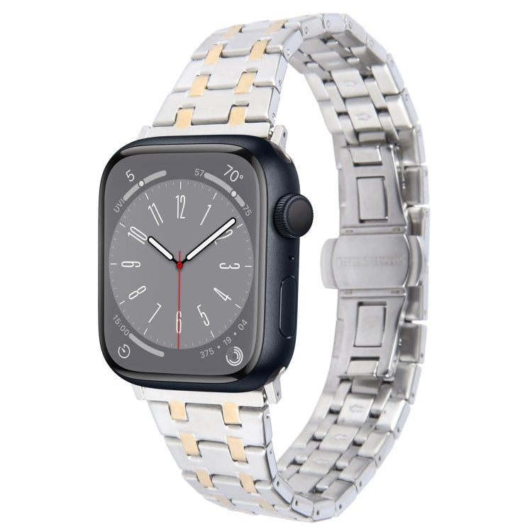 For Apple Watch Series 8 45mm Double T Stainless Steel Watch Band(Silver Gold) - Watch Bands by PMC Jewellery | Online Shopping South Africa | PMC Jewellery